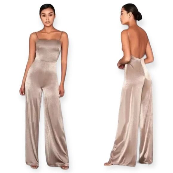 House CB Mistress Rocks SERVE IT Khaki Satin Wide Leg Jumpsuit NWT Size L - Picture 1 of 6